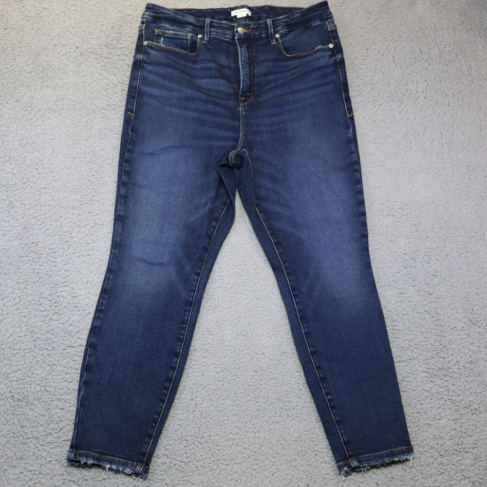 Good American Good‎ Waist Crop Jeans Sz 16 Indigo Blue High Rise Raw Hem GWC960T